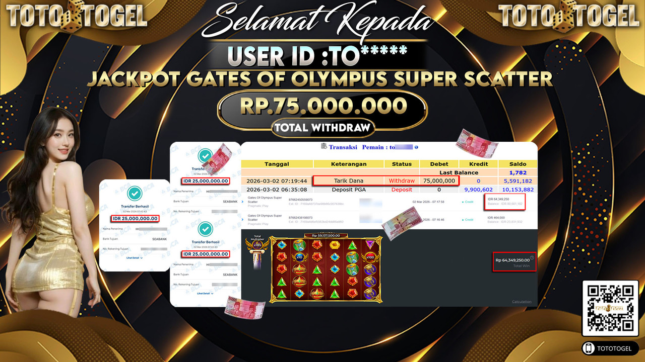 Bukti Pembayaran Jackpot Permainan Slot Gates Of Olympus Super Scatter ID:TO*****LUNAS