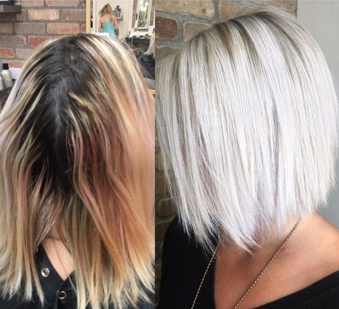 Gray hair color converted to platinum bob hair