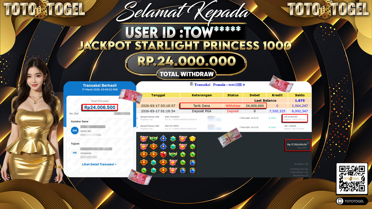 Bukti Pembayaran Jackpot Permainan Slot Starlight Princess 1000 ID:TOW*****LUNAS