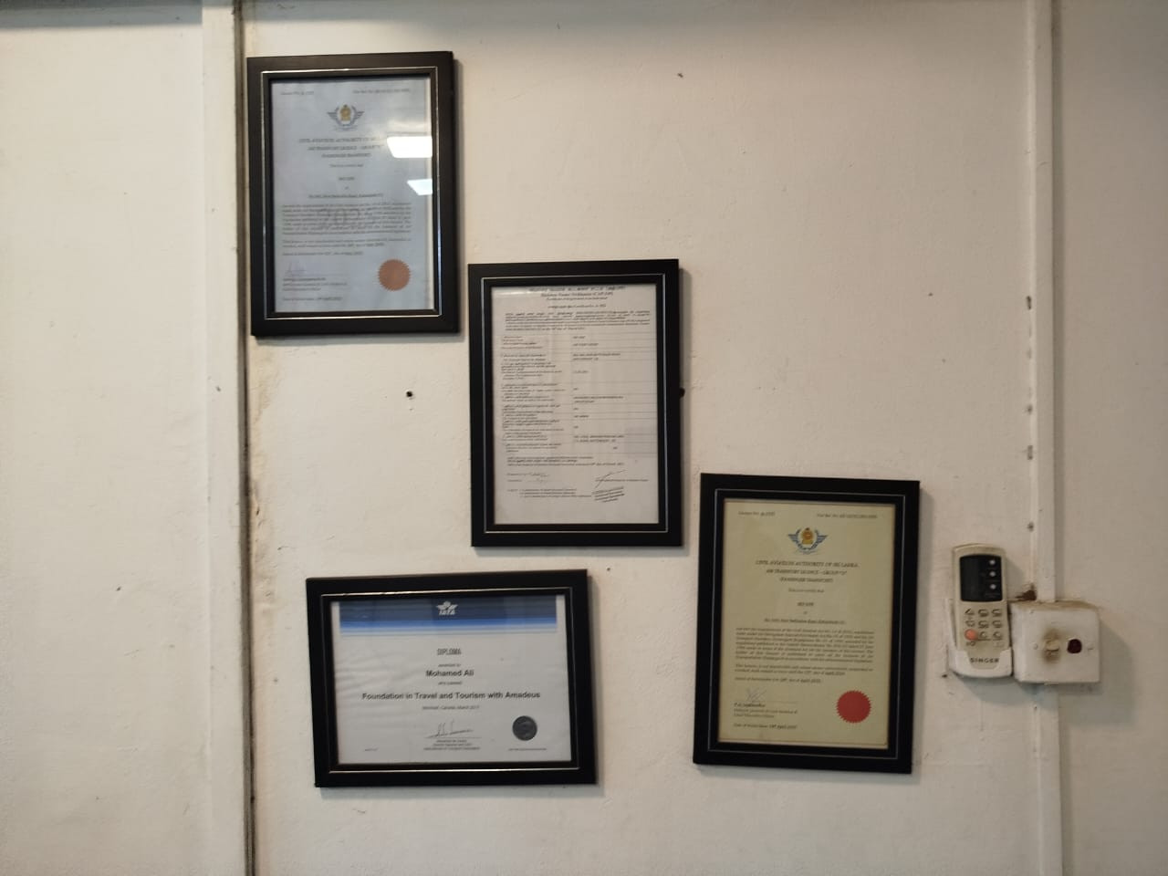 Framed certificates — Civil Aviation Authority of Sri Lanka and IATA diploma