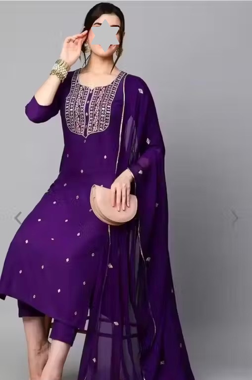 Kala Women's Violet Cotton Blend Embroidered Straight Kurta With Trouser & Dupatta Color 1 (KS149)