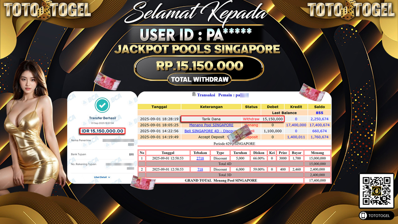 Bukti Pembayaran Jackpot Permainan Togel Pools Singapore ID:PA***** LUNAS