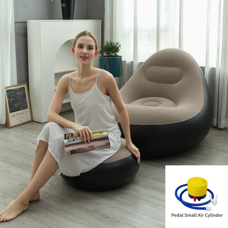 Khaki Inflatable Flocked Lounge Chair & Ottoman Set with Foot Pump - Portable Ergonomic S-shaped Air Lounger for Indoor & Outdoor