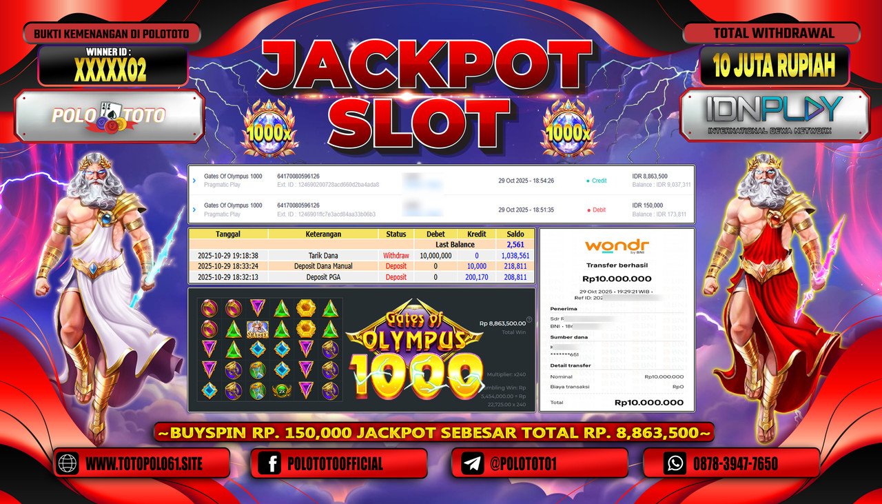POLOTOTO JACKPOT SLOT GATES OF OLYMPUS 1000 Rp.10.000.000,- LUNAS