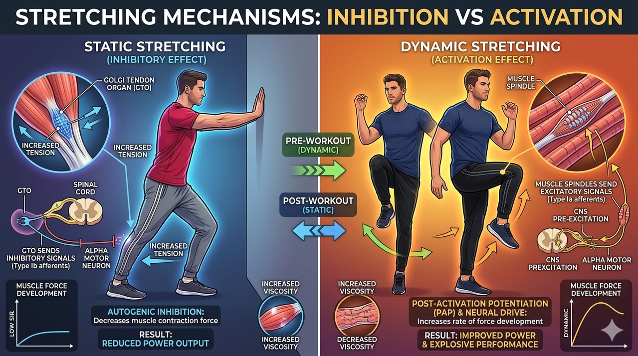 Diagram showing how static stretching inhibits muscle contraction via Golgi tendon organ vs dynamic stretching activates nervous system for lifters