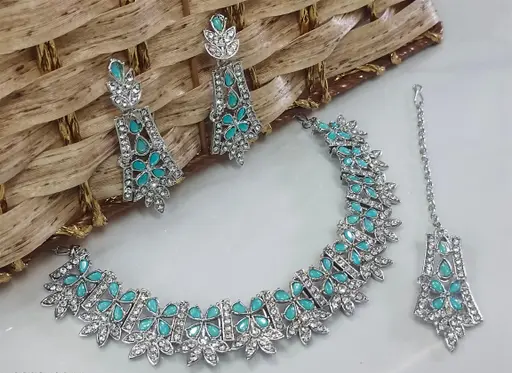 Rhodium Plated Necklace Set With Firozi Color Kundan (A105)