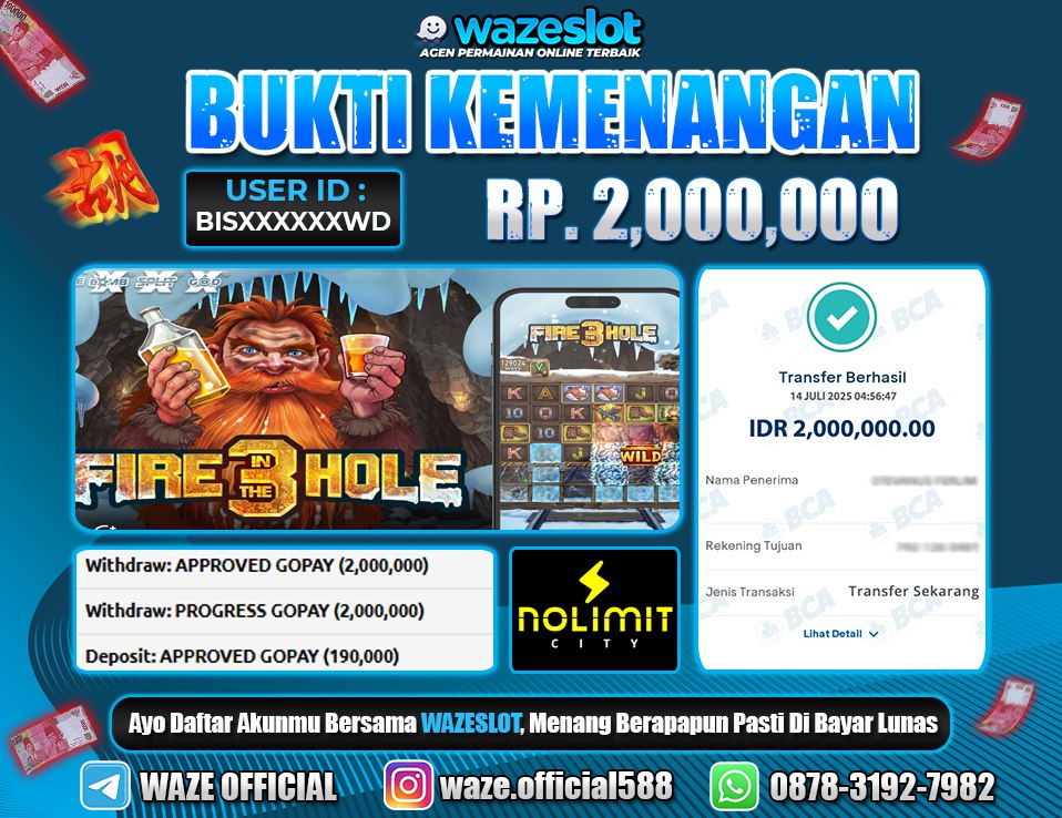 BUKTI KEMENANGAN 14 JULI 2025 DI GAME FIRE IN THE HOLE 3( NOLIMIT CITY )