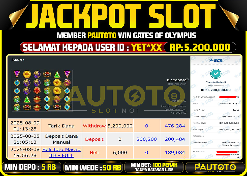BUKTI PEMBAYARAN TGL 8 AGUSTUS 2025 MENANG DI PERMAINAN GATES OF OLYMPUS TOTAL WD 5,2 JUTA