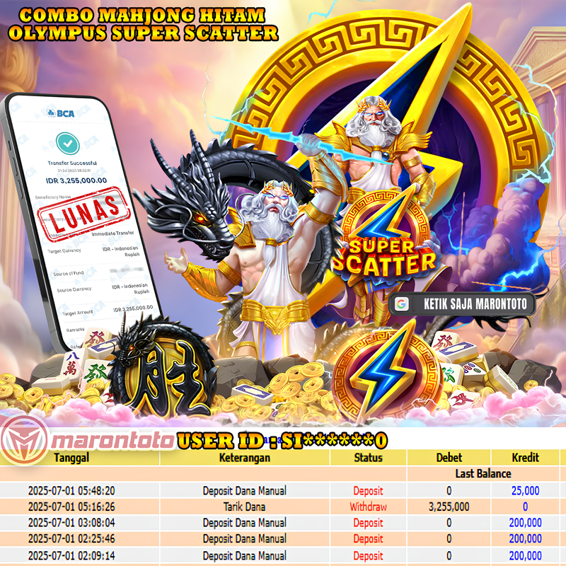 Bukti Kemenangan Member Marontoto Sebesar 3,255,000 JuTa