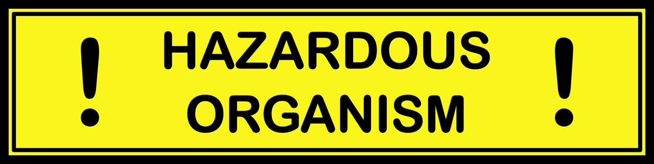 Black and yellow banner reminiscent of a caution sign. It says 'HAZARDOUS ORGANISM' with an exclamation mark on either side of the text.
