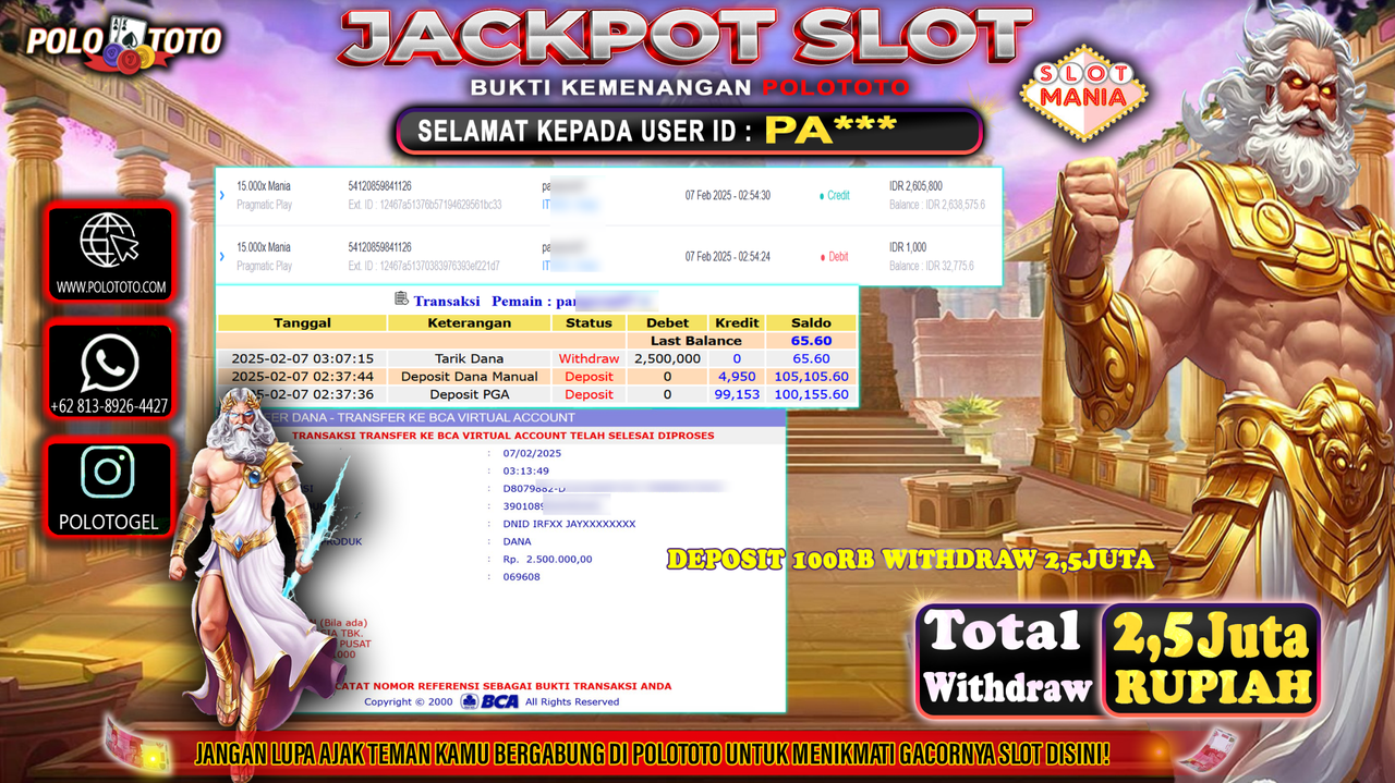 POLOTOTO JACKPOT SLOT MANIA Rp.2,500.000,-
