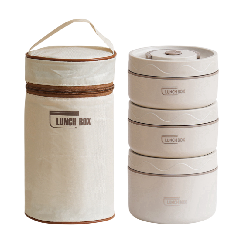 3-Pack Beige 304 Stainless Steel Microwave-Safe Lunch Box Set - Stackable Insulated Bento Containers for Office & School