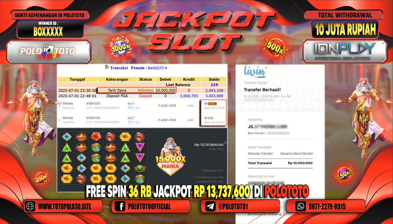 POLOTOTO JACKPOT SLOT 5000X MANIA Rp.10.000.000,-
