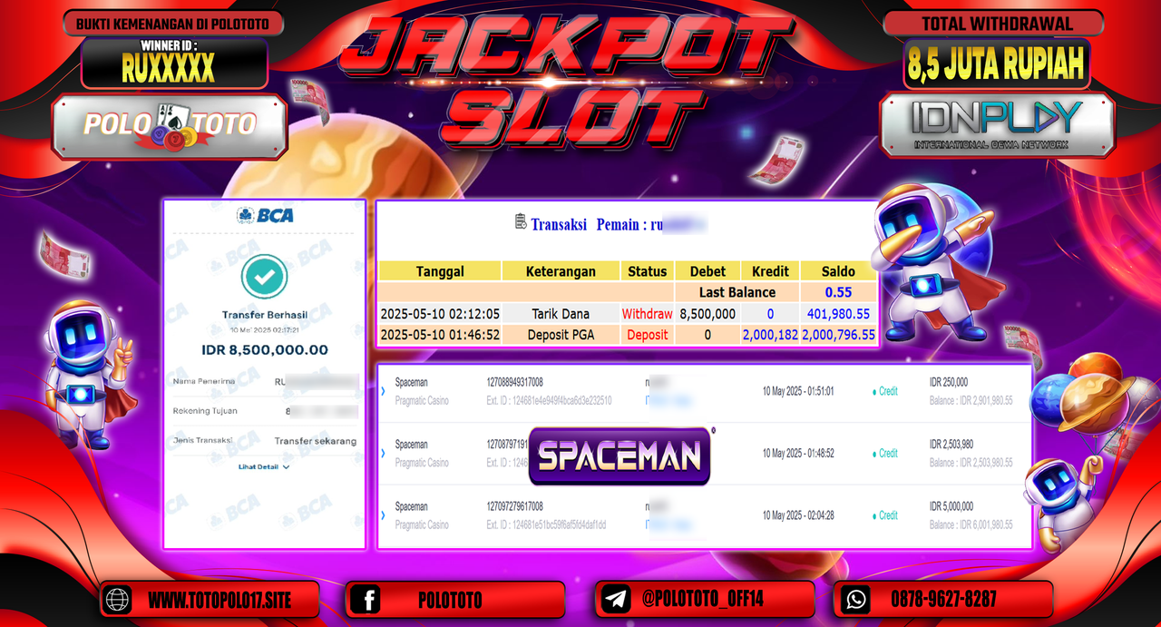 POLOTOTO JACKPOT SLOT SPACEMAN Rp.8.500.000,-
