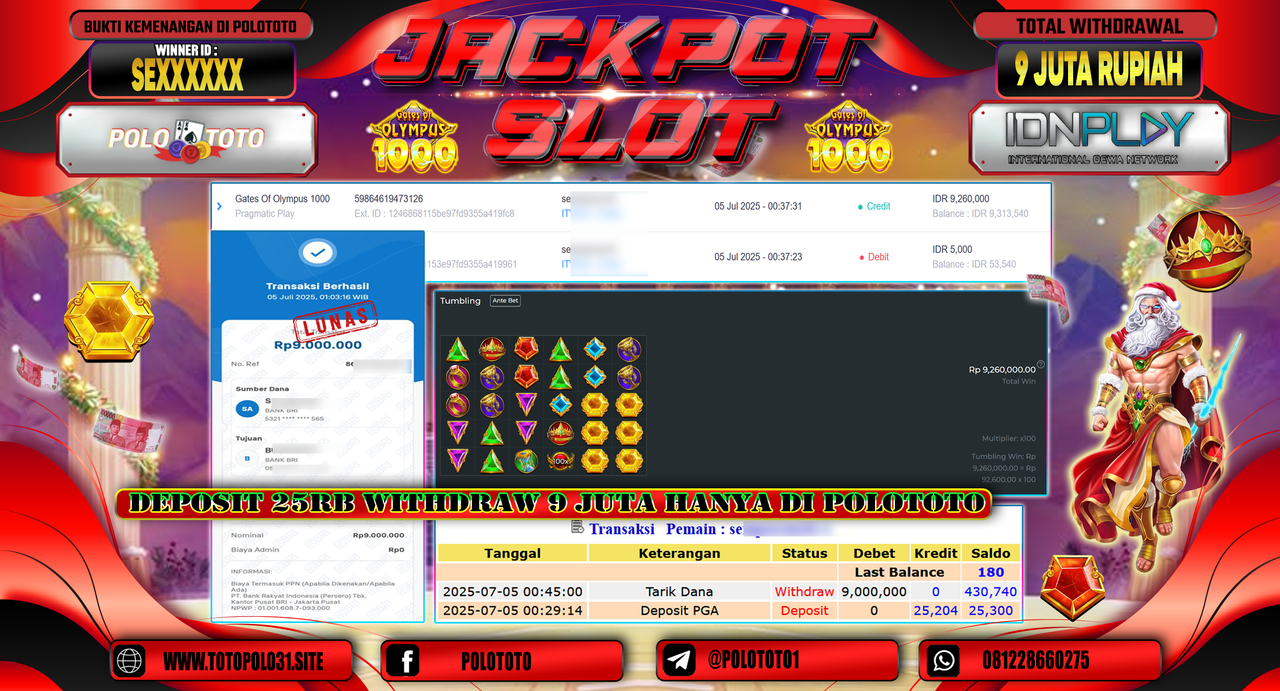 POLOTOTO JACKPOT SLOT GATES OF OLYMPUS 1000 Rp.9.000.000,-