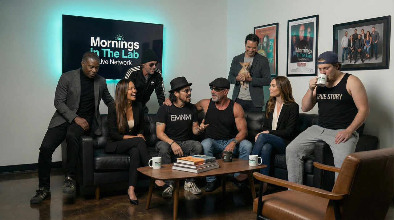 PREMIUM LIVE MORNING PRODUCTION WITH HUMAN HOSTS AND AI CHARACTERS SHARING A MOMENT BACK STAGE.