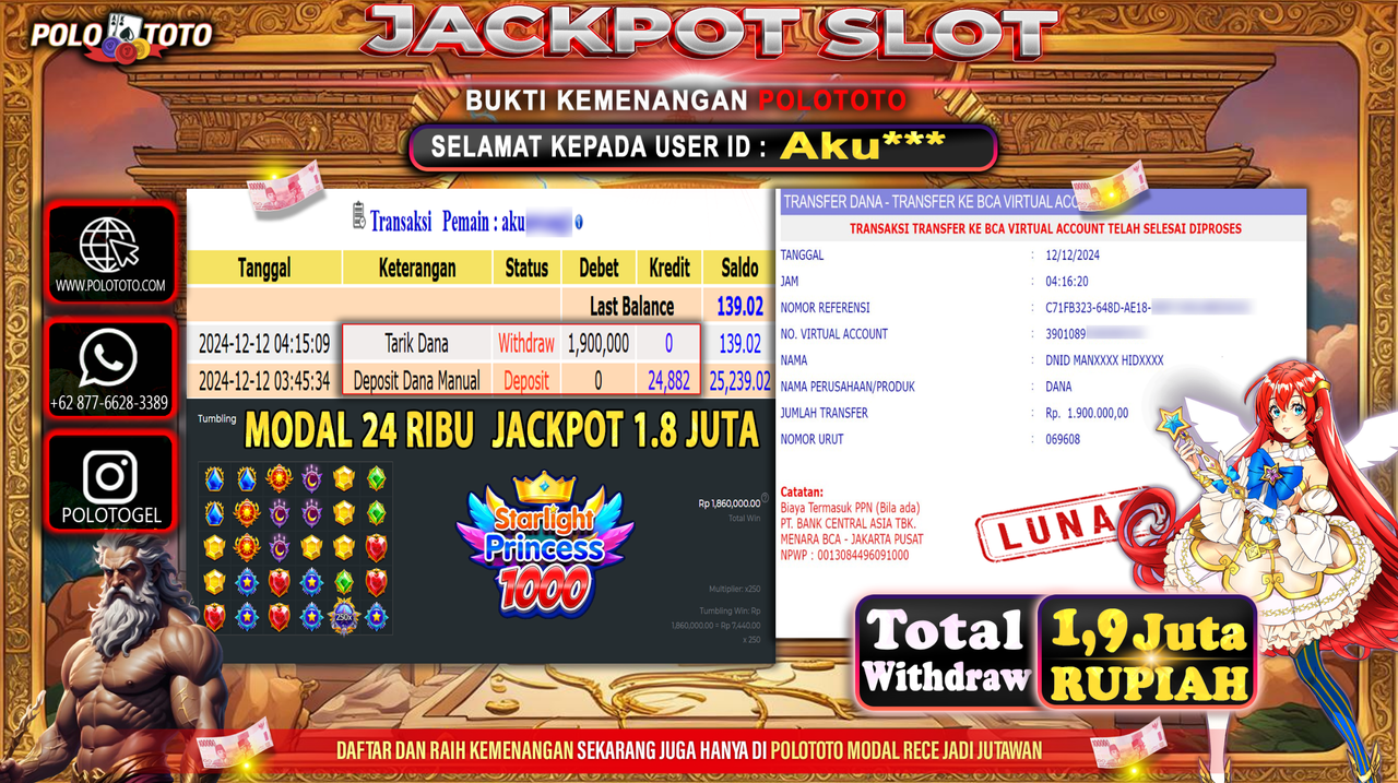 POLOTOTO JACKPOT SLOT STARLIGHT PRINCESS 1000 Rp.1,900.000,-