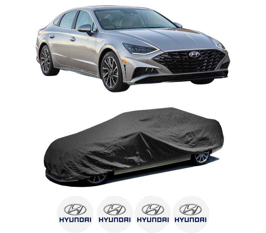 Husa tip prelata auto pentru HYUNDAI SONATA VIII (DN8) din 2020, Culoare Negru, material textil impermeabil, rezistanta la intemperii praf UV, CARPASSION Husa Protectie, 4 Stickere auto cu HYUNDAI