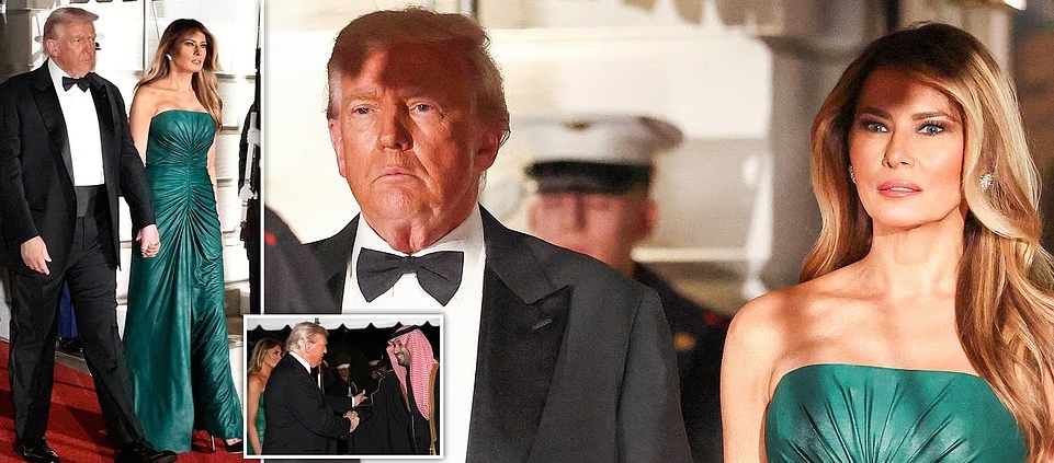 Melania's subtle gesture to Saudi prince as she stuns in strapless green gown after Trump's extraordinary Oval Office defense sparked outrage