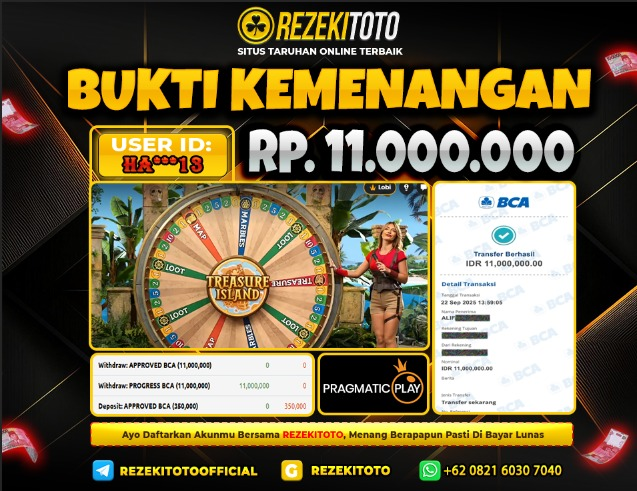 BUKTI KEMENANGAN 22 AGUSTUS 2025 TREASURE ISLAND 11 JUTA 