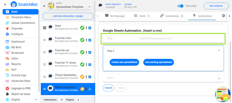 Use your chatbot to insert a row on Google sheets