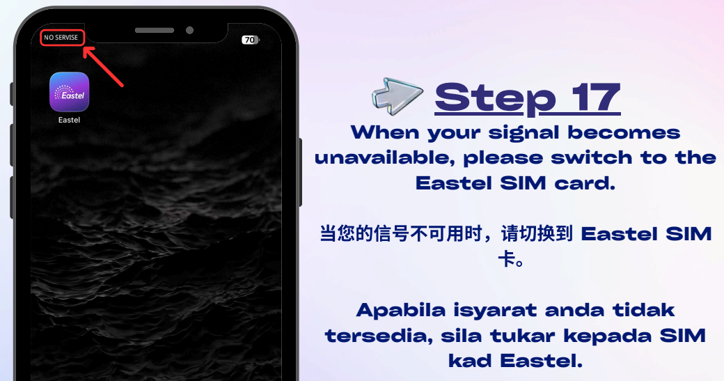 Masukkan SIM Eastel selepas line lama no service