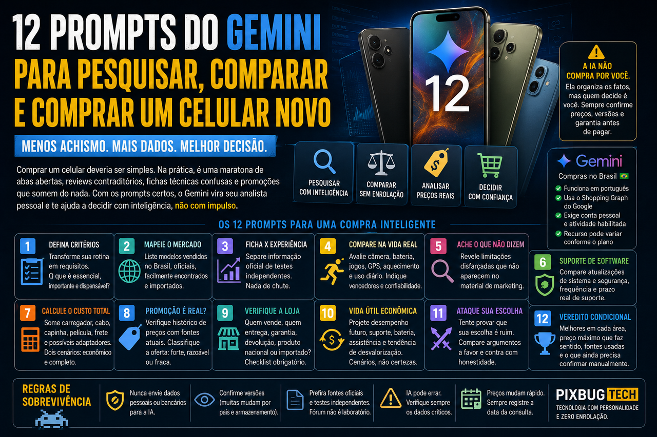 12 prompts do Gemini para pesquisar e comprar um celular sem cair no caos das fichas técnicas