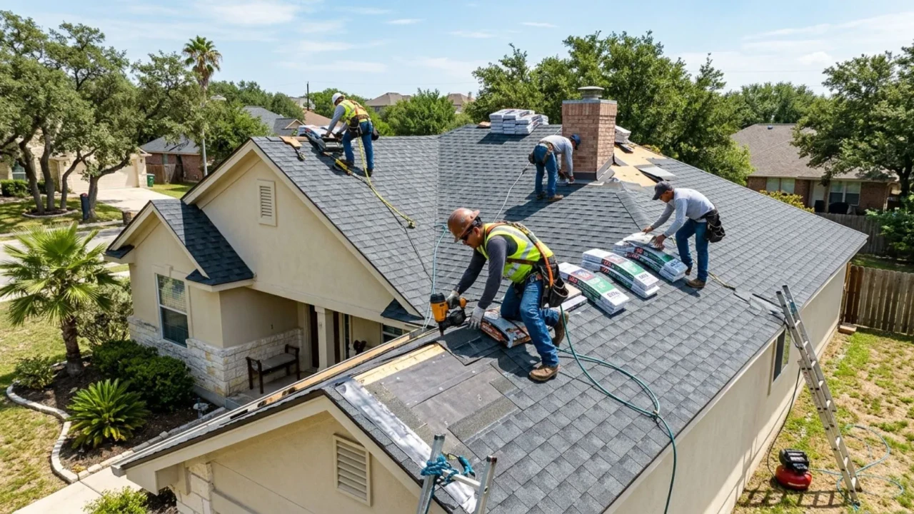 Roofing crew replacing roof on San Antonio home