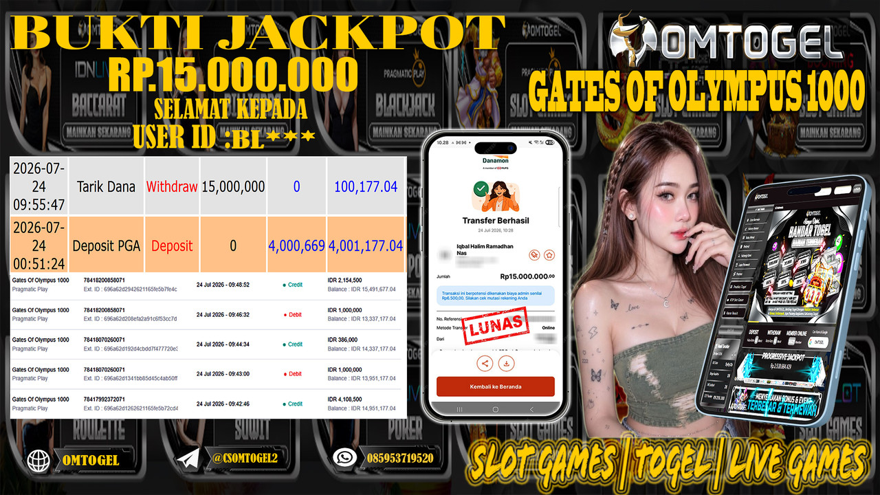 OMTOGEL JACKPOT PRAGMATICPLAY GATES OF OLYMPUS 1000 Rp,15,000,000,- DIBAYAR LUNAS