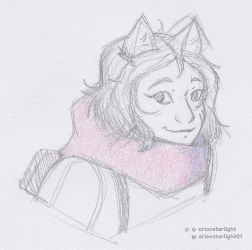 My drawing of Enid Sinclair. She’s wearing her pink snood around her neck and her wolf ears are present.