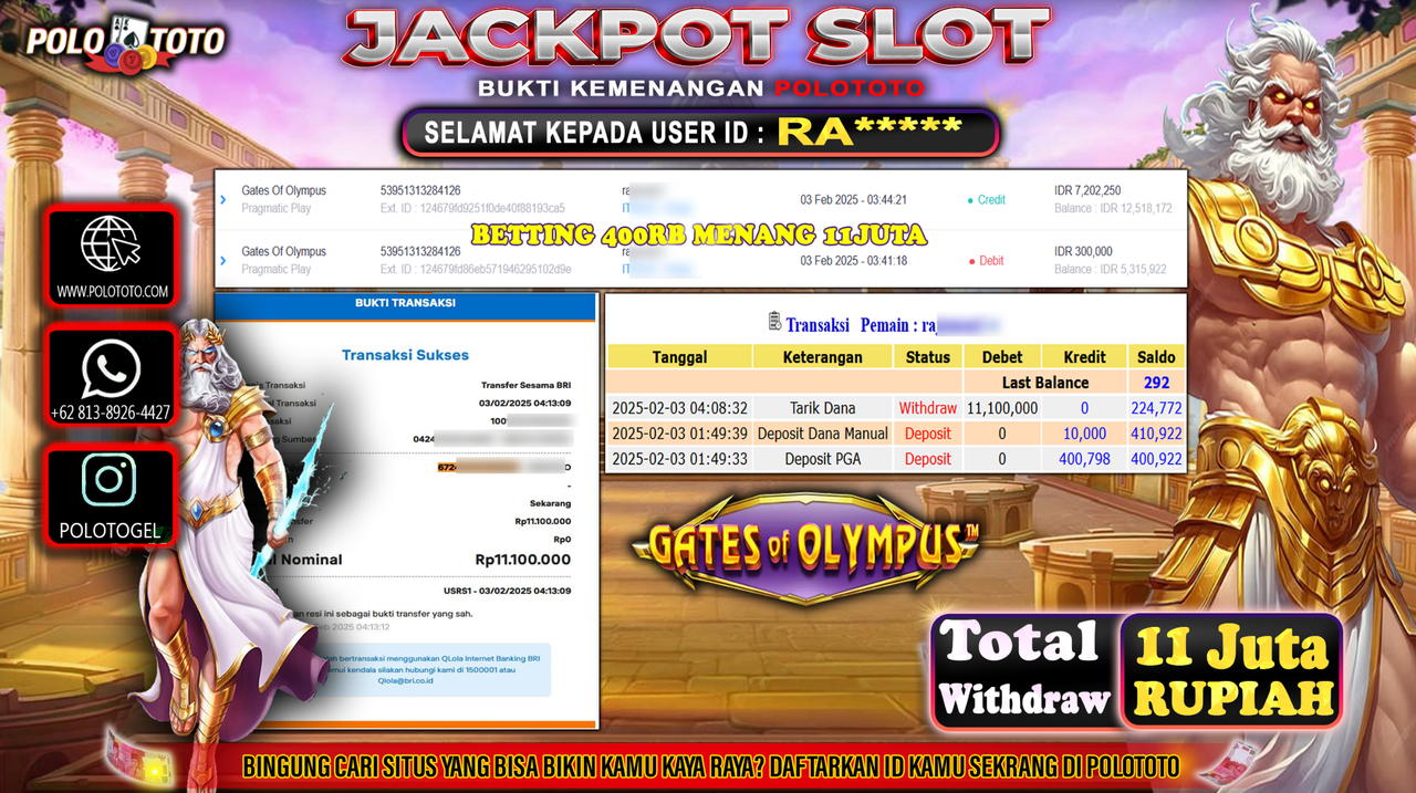 POLOTOTO JACKPOT SLOT GATES OF OLYMPUS Rp.11,100.000,-