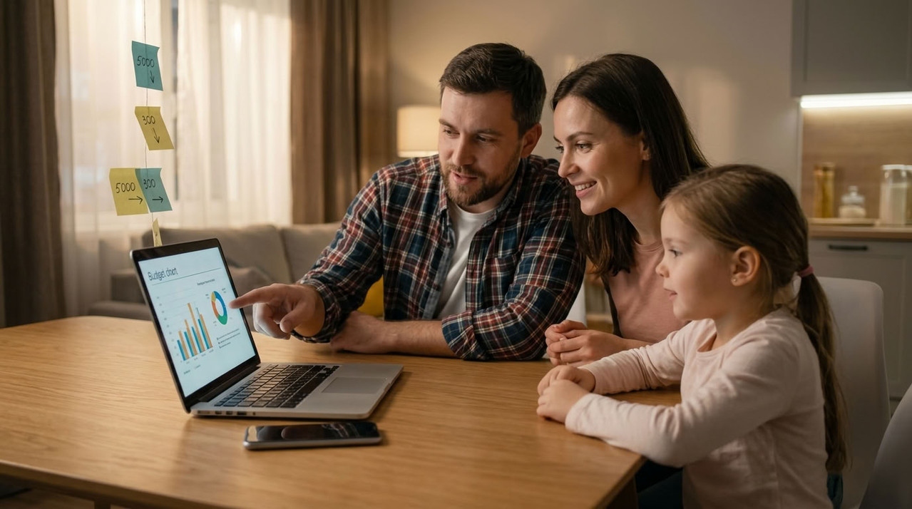 Семья планирует бюджет с помощью ИИ на ноутбуке дома