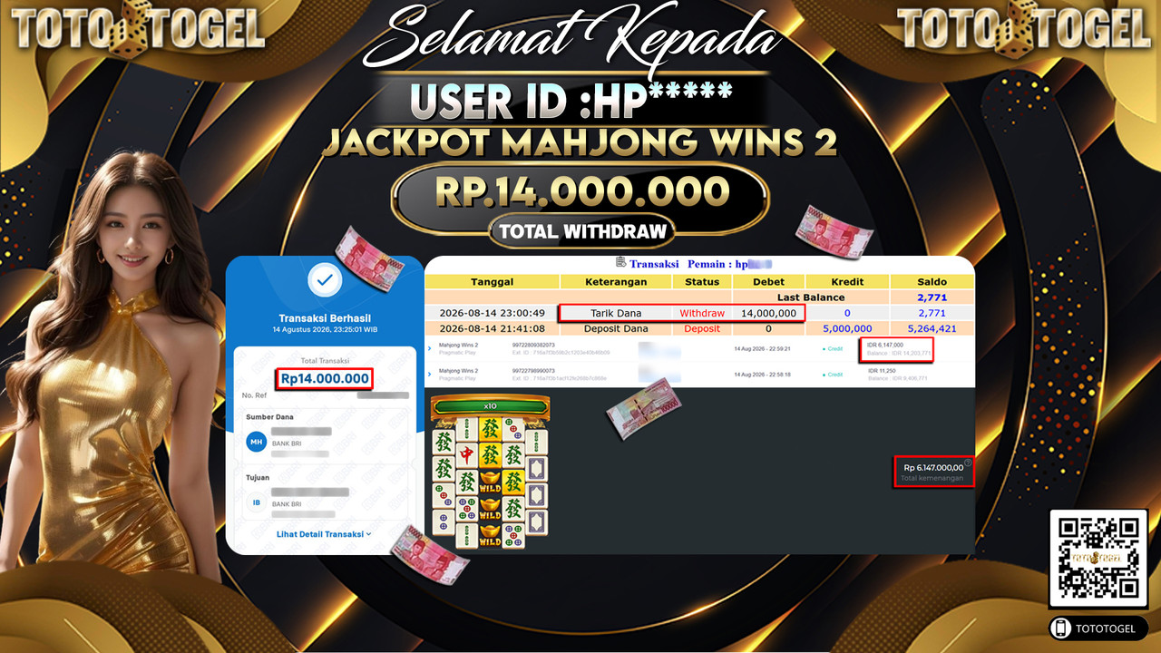 Bukti Pembayaran Jackpot Slot Mahjong Wins 2 ID:HP*****LUNAS
