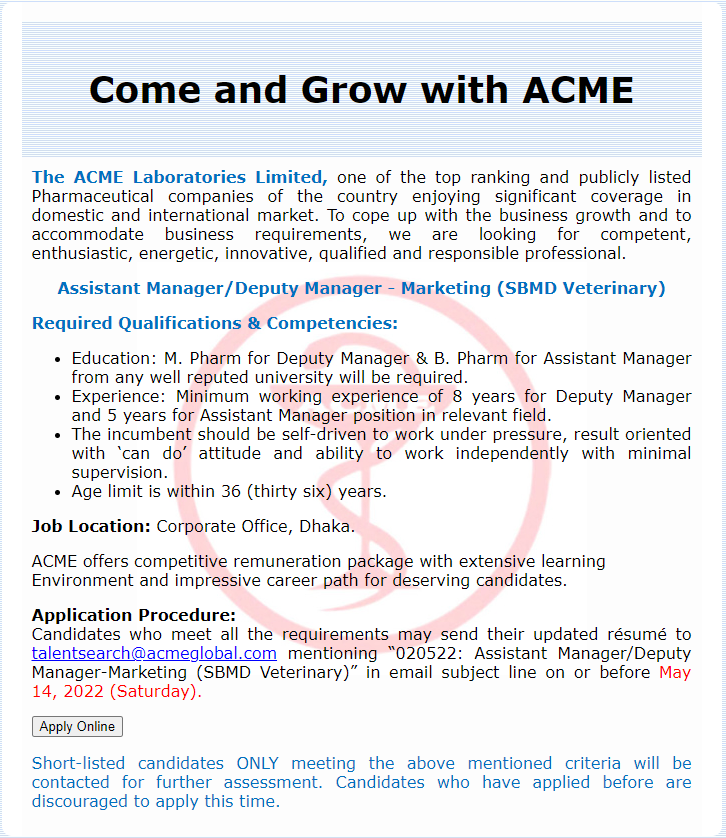 ACME Laboratories Limited Job Circular 2022 Picture