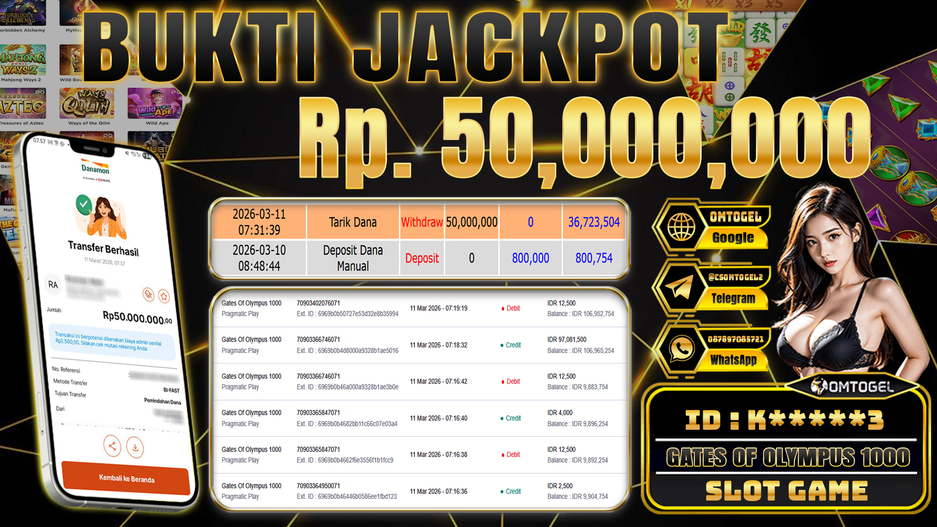 OMTOGEL JACKPOT PRAGMATIC PLAY GATES OF OLYMPUS 1000, 50 JUTA DI BAYAR LUNAS ,-