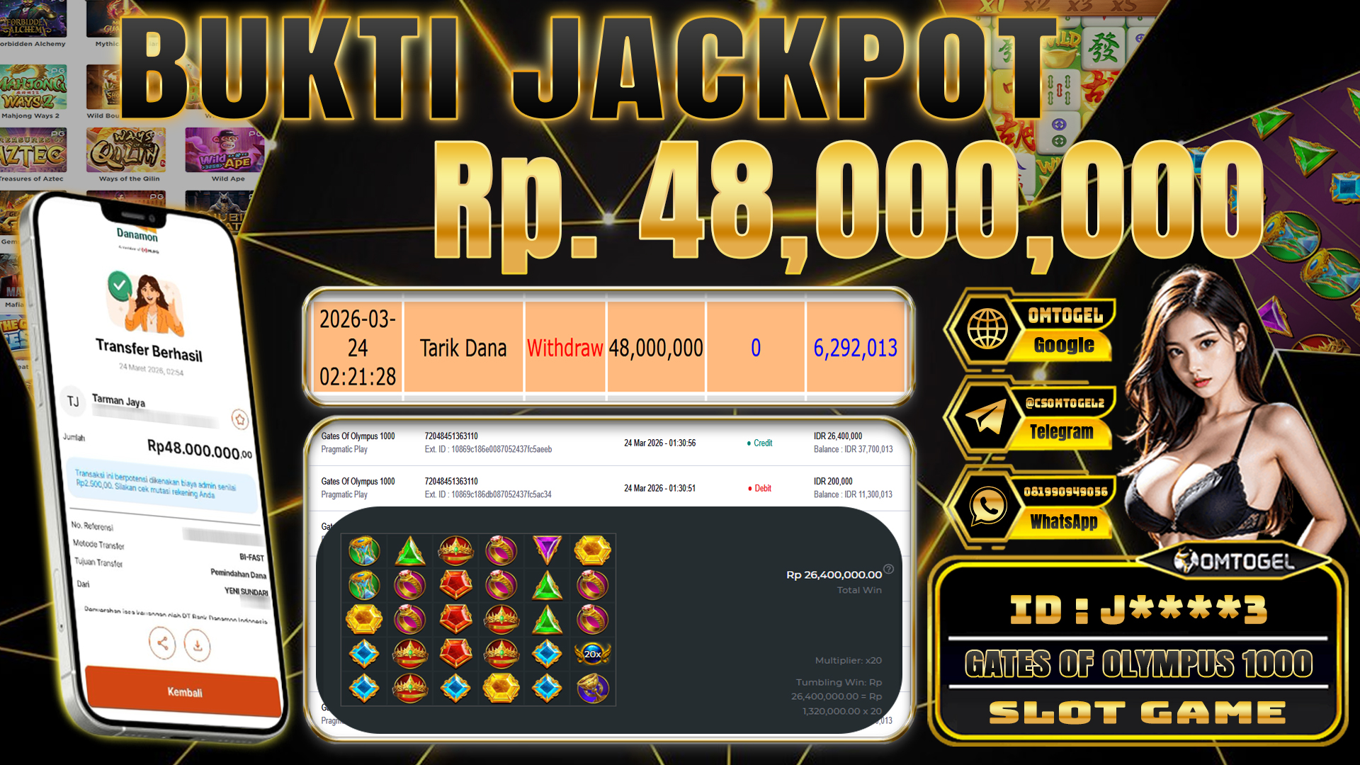 OMTOGEL JACKPOT PRAGMATIC PLAY GATES OF OLYMPUS 1000, 48 JUTA DI BAYAR LUNAS ,-