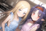 2girl, {{yuuki, sao}}, purple hair, red eyes, nude apron, {{abigail williams, fa s-394216430