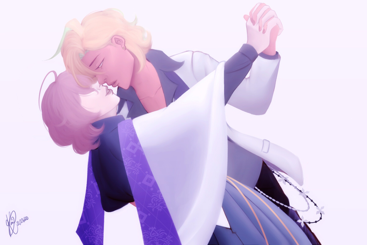 An illustration of Izanami Hifumi and Yumeno Gentaro from Hypnosis Mic. The background is a very pale shade of purple -- practically white -- with light shining down on Hifumi and Gentaro. Hifumi dips Gentaro as if they're dancing, their faces close together; lips nearly touching. Gentaro's bangs cover his eyes, however, and he wears a smirk. Hifumi has a pensive expression.
