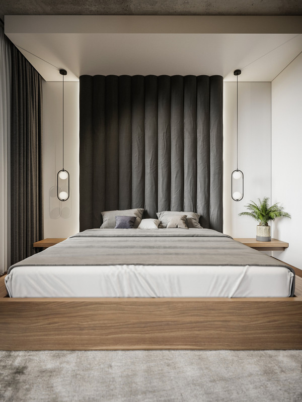 Modern Bedroom Design With A Wooden Double Bed With A Grey Headboard