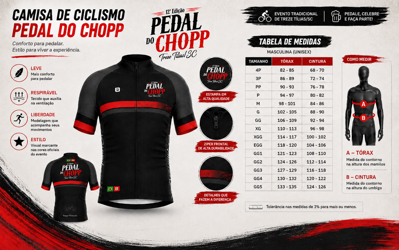 Guia de tamanhos camisa oficial de ciclismo Pedal do Chopp