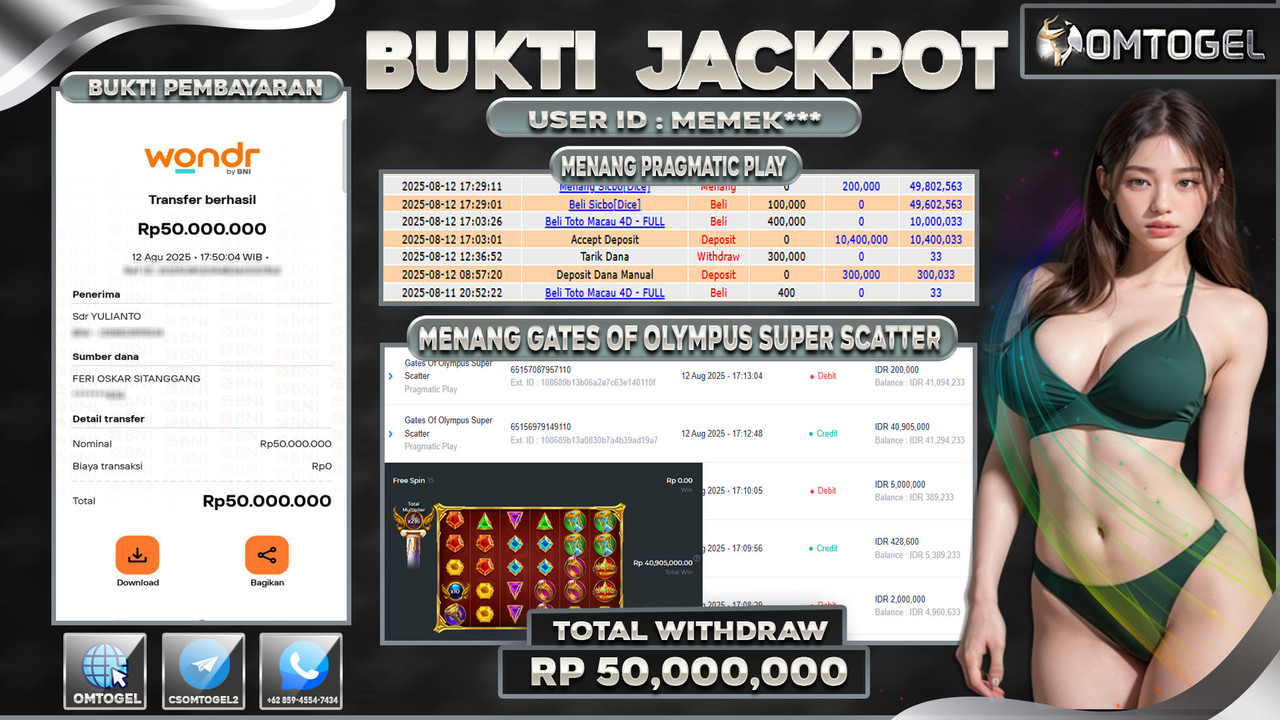 OMTOGEL JACKPOT PRAGMATIC PLAY GATES OF OLYMPUS SUPER SCATTER 50 JUTA DI BAYAR LUNAS ,-