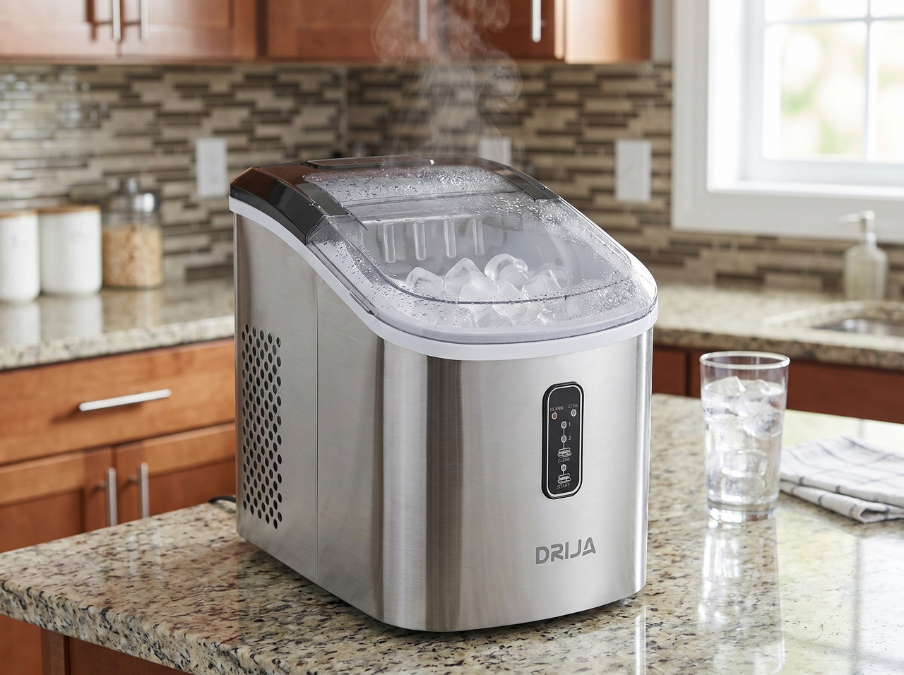 Fábrica de hielo portátil y compacta Drija FH18 INOX de acero inoxidable satinado sobre un counter de cocina moderno