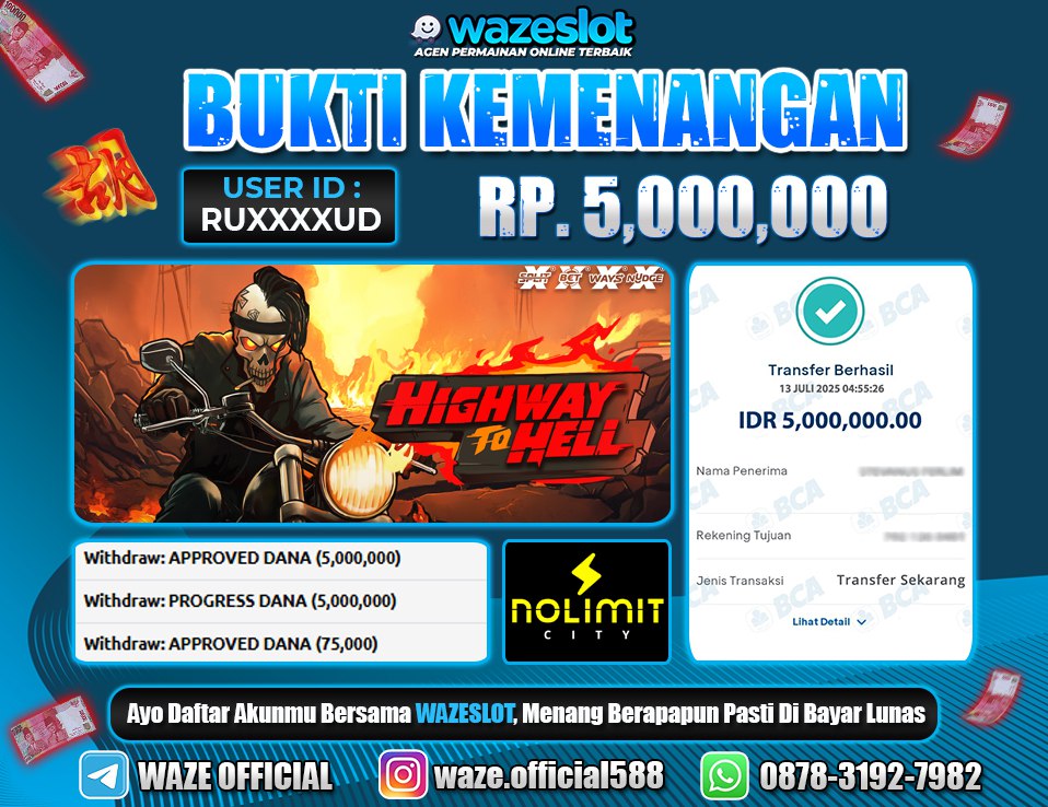 BUKTI KEMENANGAN 13 JULI 2025 DI GAME HIGHWAY TO HELL ( NOLIMIT CITY )