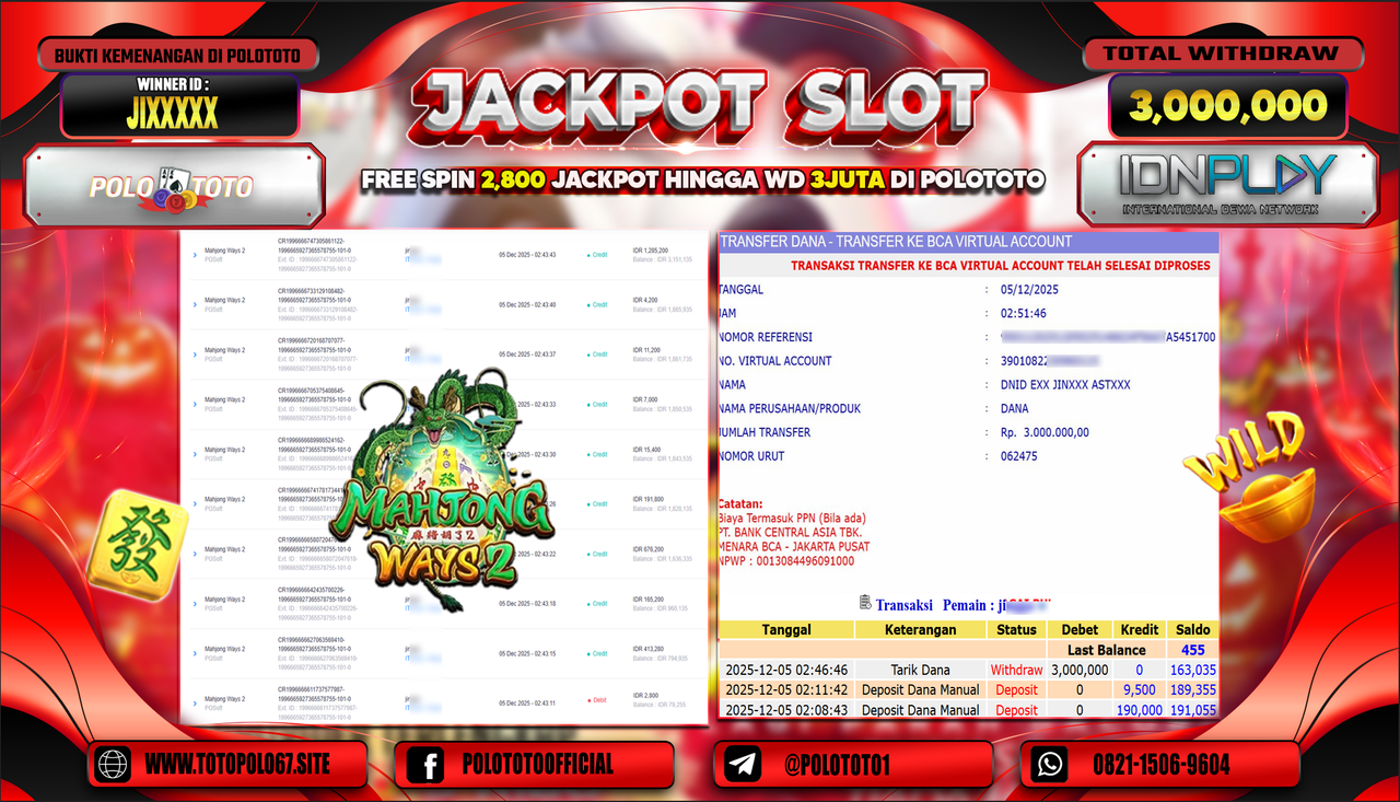 POLOTOTO JACKPOT SLOT MAHJONG WAYS 2 Rp.3.000.000,- LUNAS