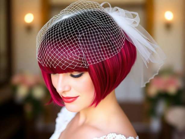 Vibrant Blunt Bob with Short Veil of Birdcage