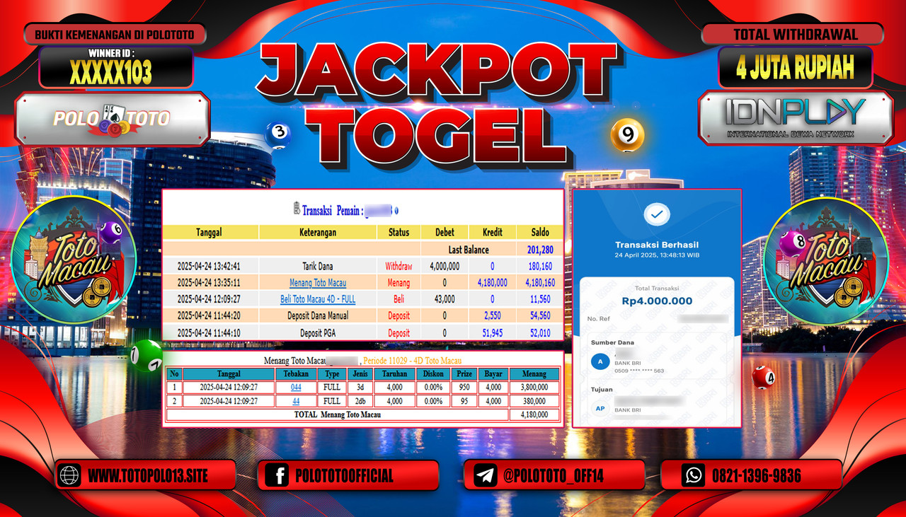 POLOTOTO JACKPOT TOGEL TOTO MACAU Rp.4.000.000,-