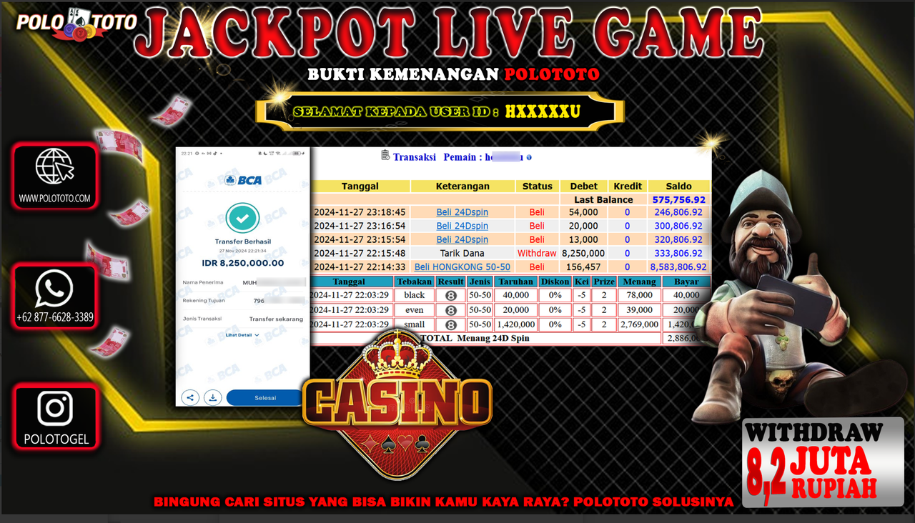 POLOTOTO JACKPOT LIVE GAME CASINO Rp.8,200.000,-