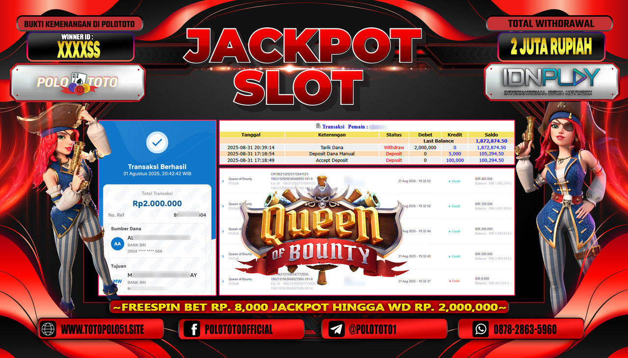 POLOTOTO JACKPOT SLOT QUEEN OF BOUNTY Rp.2.000.000,- LUNAS