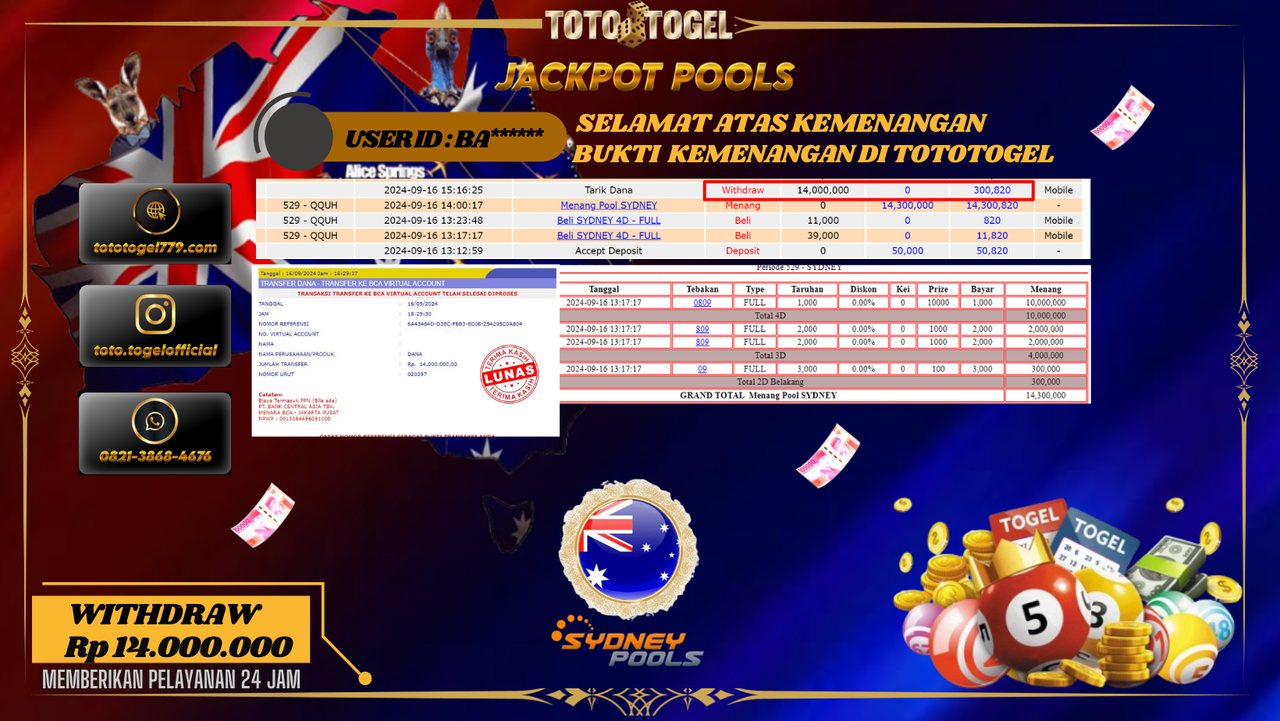 Bukti Kemenangan Permainan Togel Sydney Pools Dengan ID : BA*****  Terbayar Lunas!!