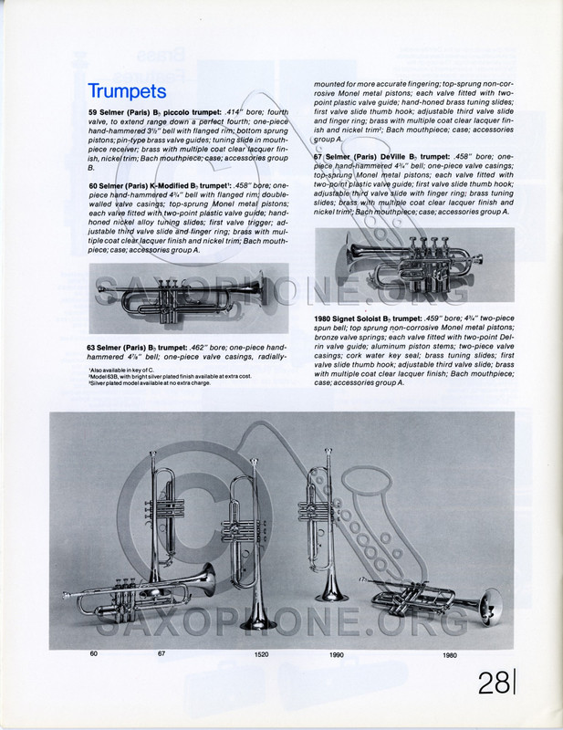 Selmer 1971 trumpets brochure descriptions